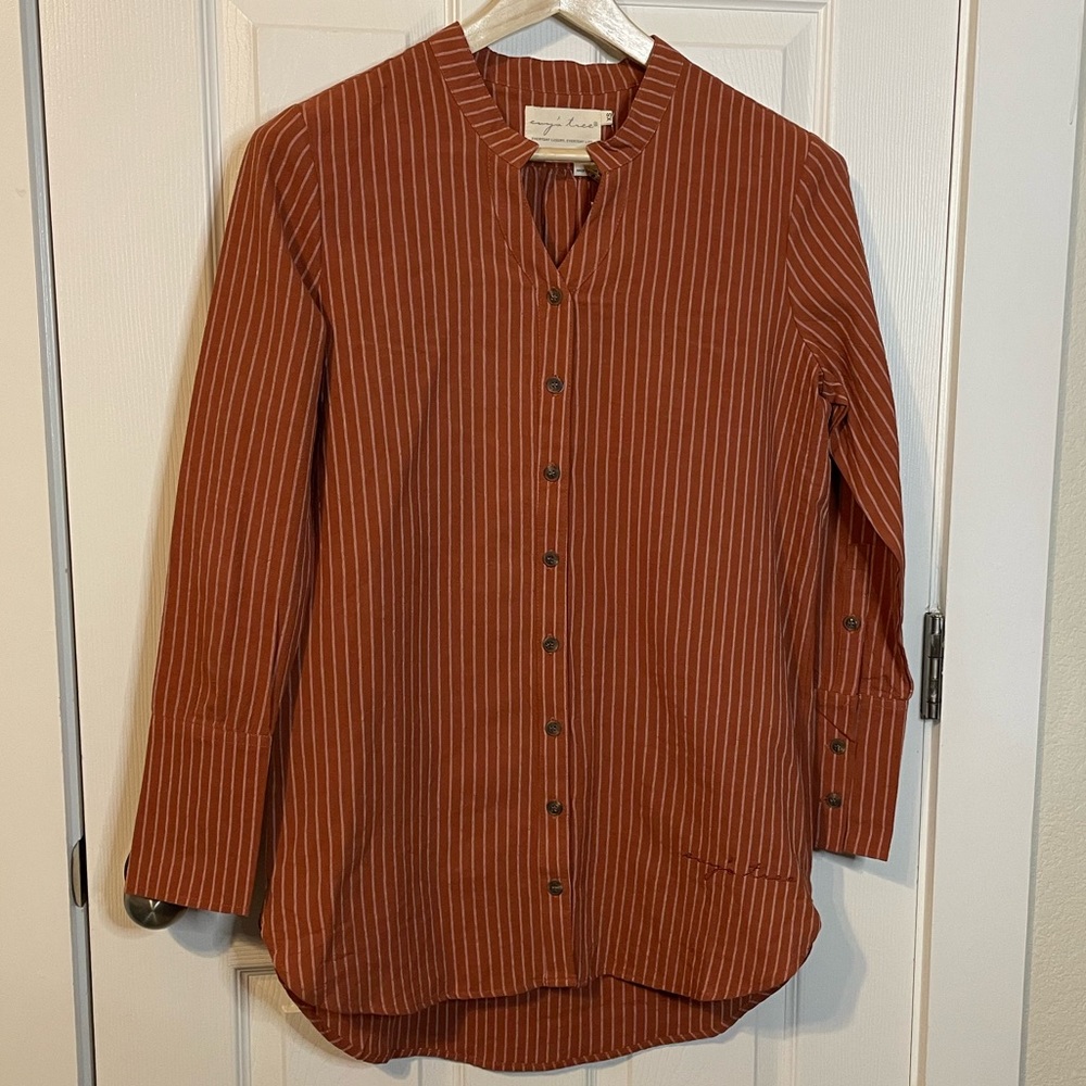NWT Evy’s Tree striped orange long sleeve button down tunic top sz XS ‘The Ruby’
